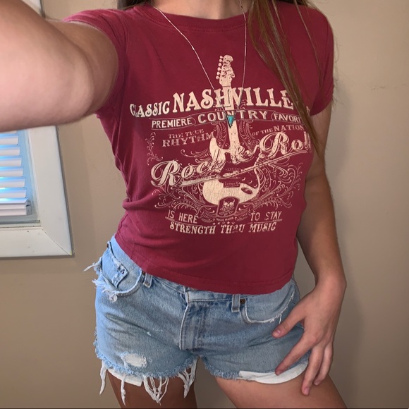 Vintage Tops - VTG Nashville Red Guitar Tee Shirt